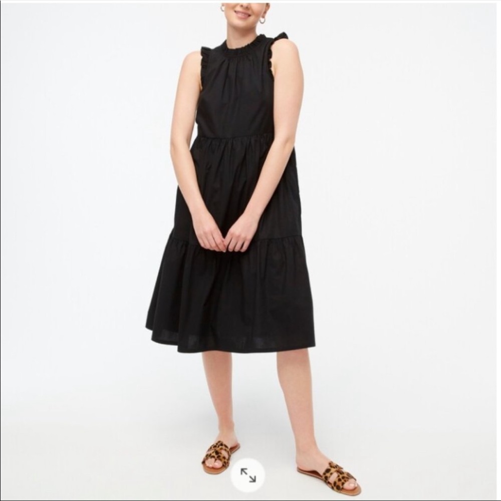 J. Crew Tall Tiered Ruffle Sleeve Cotton Poplin Black Dress Size LARGE NEW